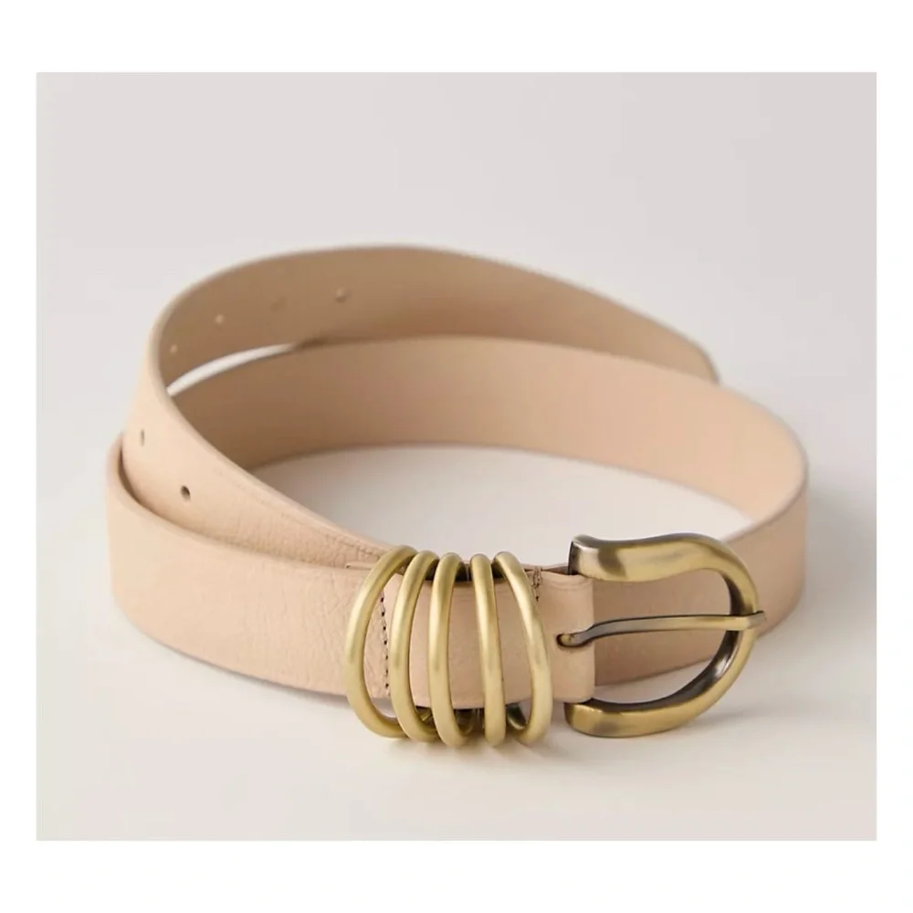 Free People Pale Nude Leather Belt with Stacked Antique Gold Rings